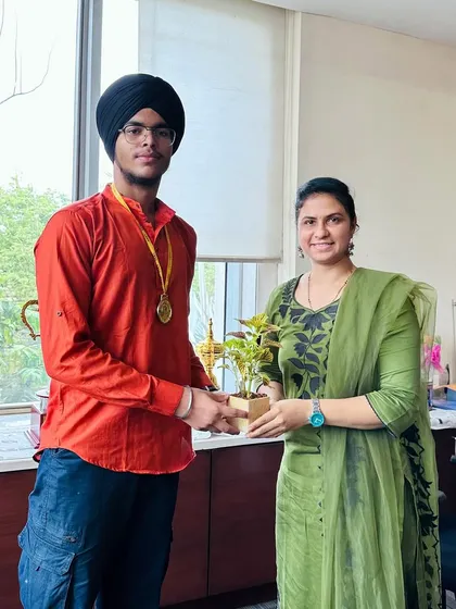 Gold medalist Avnoor Singh receiving appreciation for his victory at the CBSE State Boxing Championships.