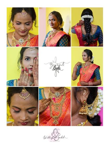 A bridal collage designed for a wedding album. This nine grid layout is perfect for showing off all the little details, from the intricate jewelry and hairstyle to the bride's happy expressions.