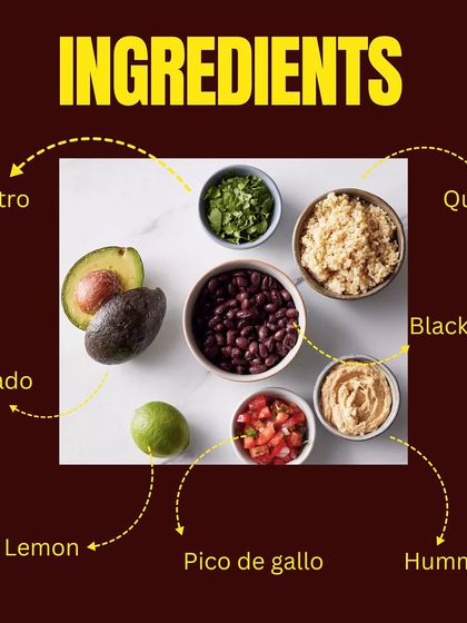 Craving something hearty and healthy? This graphic shows you the simple, fresh ingredients for our Black Bean Quinoa Bowl, including quinoa, black beans, avocado, and pico de gallo.