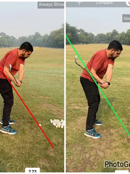 The takeaway is crucial. In the 'after' image, you can see a much more on-plane takeaway, which sets the club on the right path for the rest of the swing.
