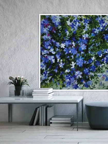 'Blue Bunch', a 16x16 inch acrylic painting of captivating wild blue flowers. This piece is all about the beauty found in the small details of nature, perfect for adding a splash of color to your home.