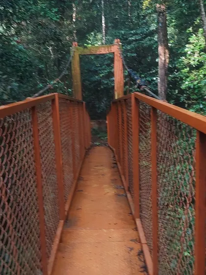 The hanging bridge at the start of the Kumaraparvatha trail, marking the beginning of the adventure.