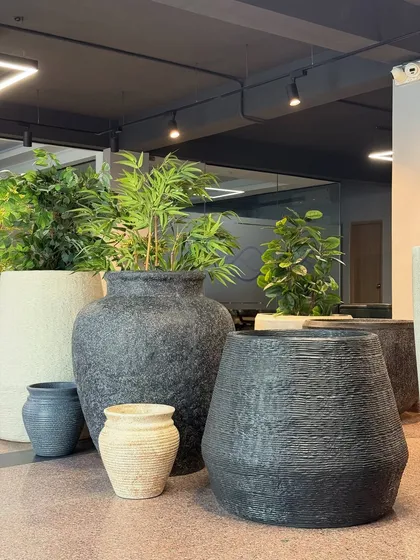 The right pot is just as important as the right plant. I source a wide variety of high quality FRP planters that are durable, stylish, and fit any aesthetic. Here you can see a collection of textured black and cream pots that can make a statement in any garden.
