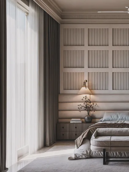 The morning light filtering through the sheer curtains is the focus of this render, creating a peaceful and airy atmosphere.