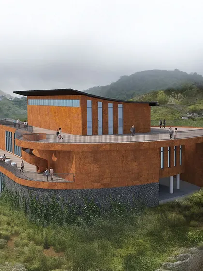 Another view of our hill project concept, showcasing how the building is nestled into the topography. The curved viewing deck wraps around the structure, providing an immersive experience of the landscape from multiple vantage points.