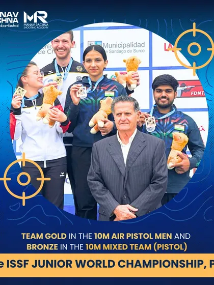 Our shooter Parmod's journey from state-level to international champion is a source of immense pride. Here, he is seen with his team gold and mixed team bronze medals from the ISSF Junior World Championship in Peru.