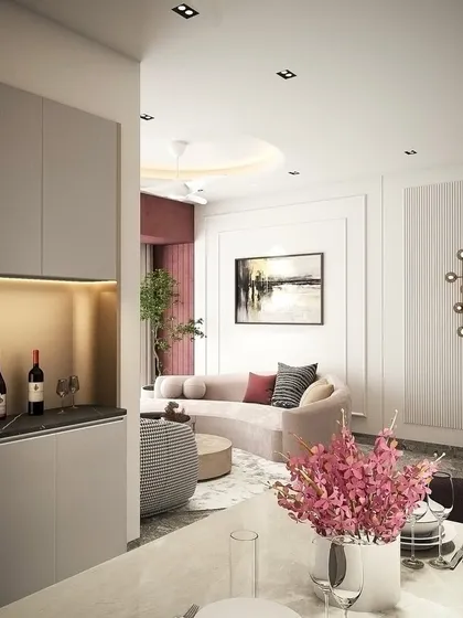 A glimpse of an upcoming neo-classic home design. This 3D render helps clients visualize the elegant curves, rich textures, and sophisticated ambiance of their future living space.