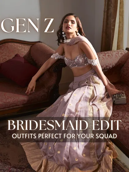 This is our Gen Z Bridesmaid Edit, featuring outfits perfect for the modern bridal squad. This lavender lehenga with a sequined bralette top is trendy, stylish, and ideal for a sangeet or cocktail night.
