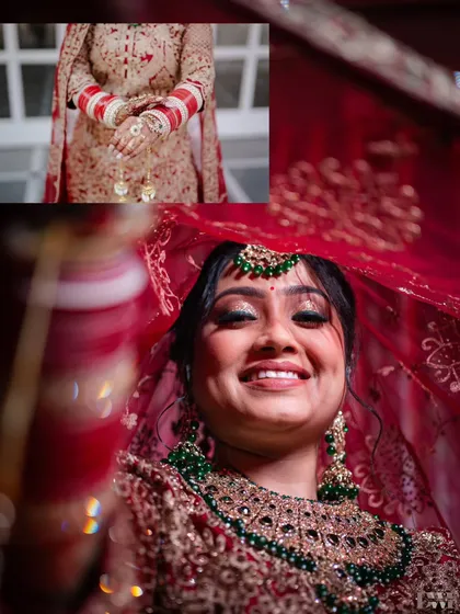A collage focusing on the beautiful details of the Punjabi bride's attire, from her bright smile under the veil to her traditional chooda and kalire.