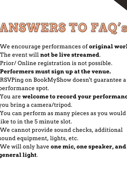 Frequently Asked Questions about our Open Mic. We provide a mic, a speaker, and a general light for a simple, raw performance experience.