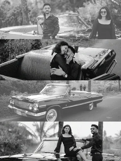 A black and white collage of a couple with a vintage convertible. The monochrome edit gives these photos a timeless, old-Hollywood feel, full of romance and style.