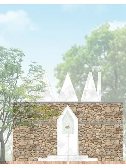 An elevation drawing of the meditation space. The structure combines rustic stone walls with a modern, crystalline roof form that reaches towards the sky, blending earth and light.