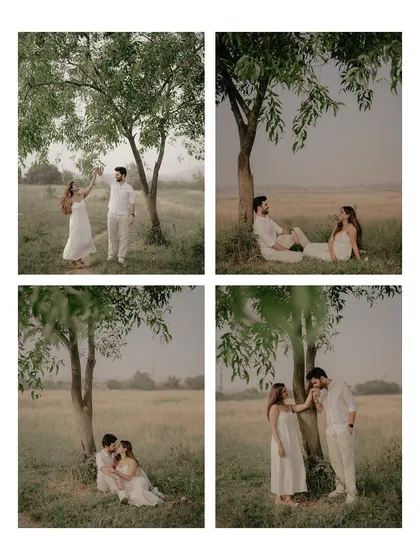 A collage of four images from the countryside shoot, showing a variety of poses and romantic moments under and around a tree.