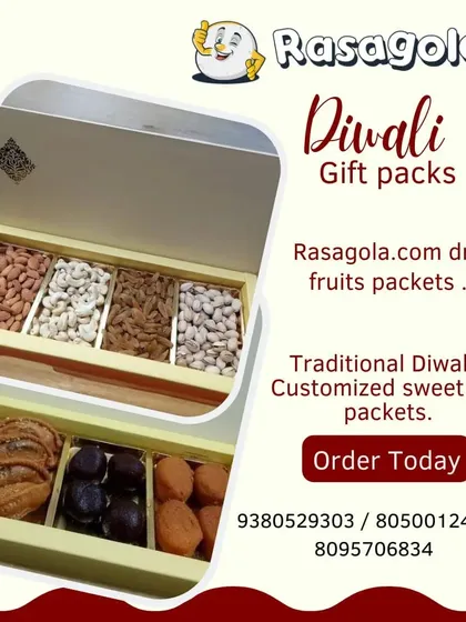 For festivals like Diwali, we offer the best of both worlds with our customizable gift packs. This image shows our popular combination boxes, featuring a section for premium dry fruits like almonds and cashews alongside our traditional handmade sweets.