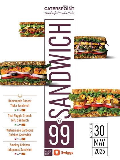 Don't miss out on our incredible ₹99 sandwich deal on Swiggy. You can get our bestsellers like the Homemade Paneer Tikka and Vietnamese Barbecue Chicken Sandwich at an unbeatable price for a limited time.