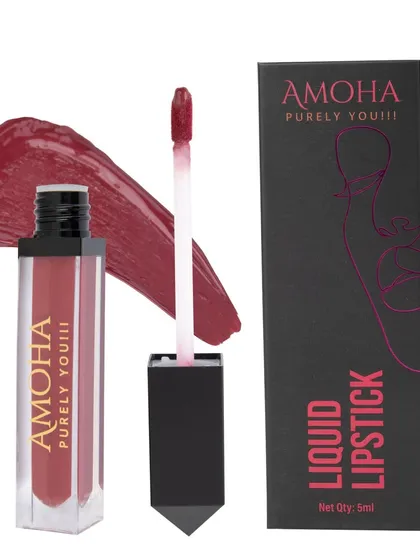 A crisp shot of a liquid lipstick for a cosmetics brand, featuring the product, its packaging, and a vibrant swatch to accurately display the color and texture for online buyers.