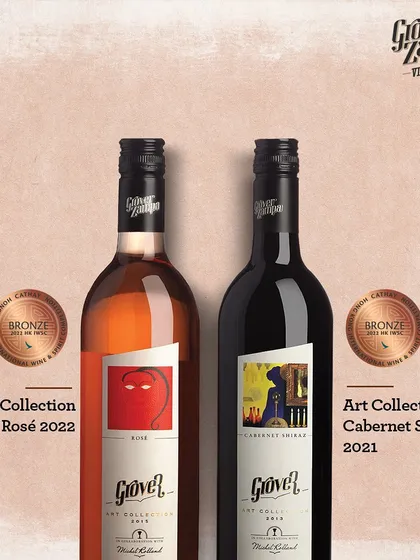 Our Art Collection Rosé and Cabernet Shiraz, proudly displaying their bronze medals from the HKIWSC awards.