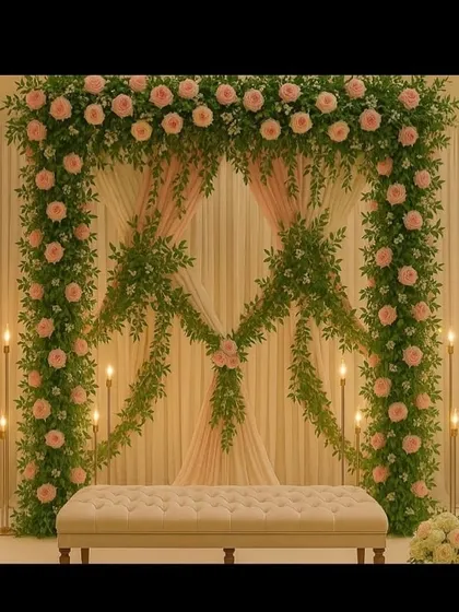 This elegant photo backdrop features a lush arch of pink roses and fresh greenery against soft drapery. The warm glow from the candle stands creates a romantic atmosphere, perfect for an engagement party, anniversary celebration, or a beautiful seating area for guests.