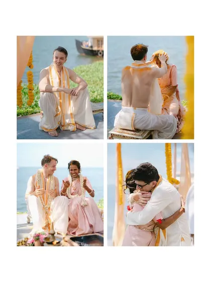 Four moments from a seaside Hindu ceremony. The collage shows the couple participating in rituals, sharing laughter, and embracing, all with the beautiful ocean as their backdrop.