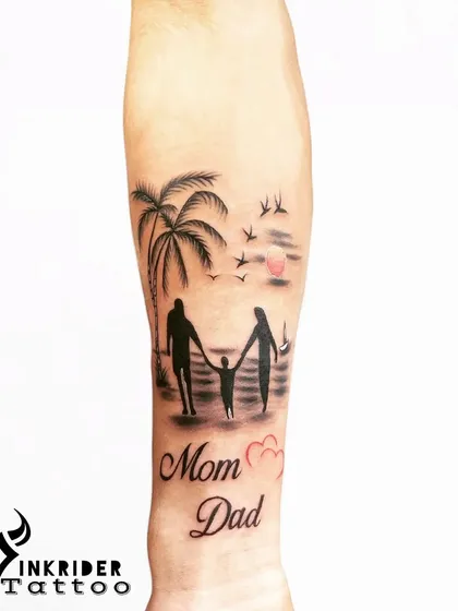 A family silhouette on a beach, with "Mom" and "Dad" written below. This tattoo tells a story of happy memories and family vacations.