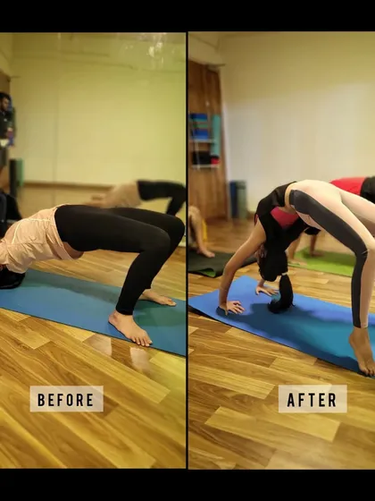 Progress is the real goal. This before and after shows a student's journey with Chakrasana, or Wheel Pose. Through consistent practice and guidance, she developed the shoulder flexibility and back strength to lift with ease, a true testament to her dedication.