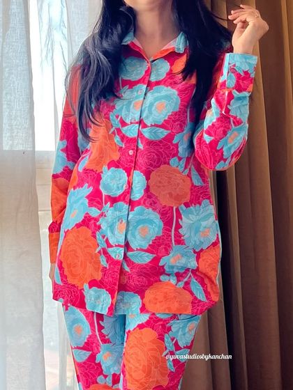 Keep it cool and coordinated with our breathable pure muslin cotton co-ords. This vibrant pink and blue floral set is your perfect companion for sunny adventures.