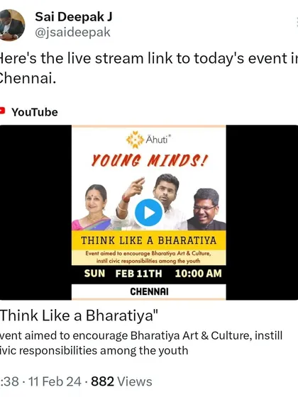 The live stream link for the "Think Like a Bharatiya" event in Chennai, aimed at instilling cultural values and civic responsibilities in the youth.