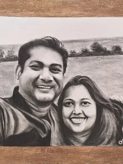 This custom charcoal portrait was created to celebrate a couple's special bond. I work to capture the genuine smiles and warmth in every relationship, turning a favorite photo into a piece of art that tells their unique love story.