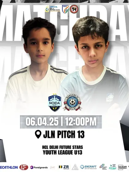 Matchday announcement for our U13 team's game in the HCL Delhi Future Stars Youth League, featuring two of our young players ready for the challenge.