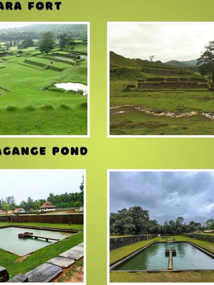 A collage showing the sprawling Nagara Fort and the serene Devagange Pond, historical sites we explore during our Kodachadri trek.