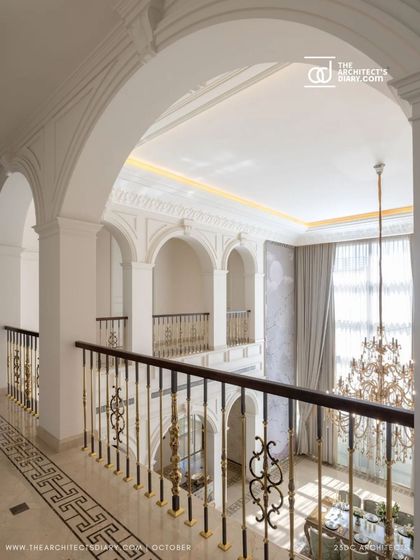 As featured in The Architect's Diary, the grand arches and double-height spaces of The Ivory Royale create a regal charm. This view showcases the home's impressive scale and the luxurious craftsmanship that defines every corner.