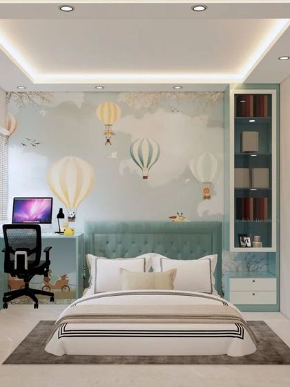 A kids' room render with a hot-air balloon theme, featuring a soft color palette and a functional study area.