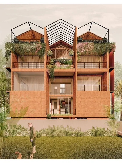 This rendering of a "Brick House" concept shows a design with deep balconies and integrated planters. The use of traditional brick brings warmth and texture to the modern form.