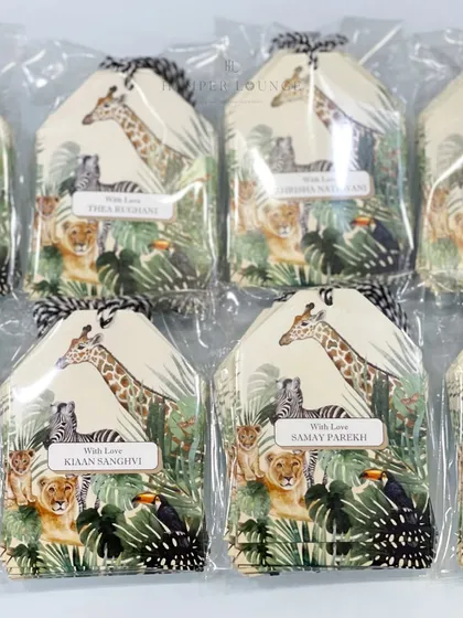 Individually wrapped and personalized luggage tags, perfect as a practical and fun return favor for a child's birthday party.