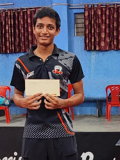 Johan Cheriparambil holds his prize after securing a bronze medal in the Under-15 category at the 5th Maharashtra State Table Tennis Tournament in Sangli.