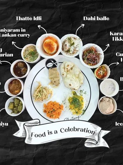This annotated image showcases a full plate of the diverse dishes I offer, from South Indian Thatte Idli and Undhiyu to Paneer Angara and Gulmohar Halwa, truly a celebration on a plate.