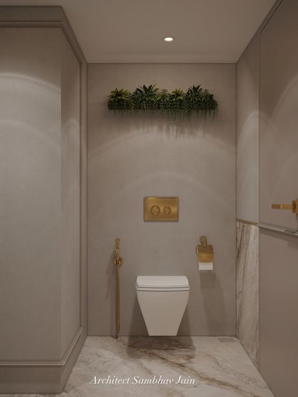 A modern luxe bathroom design featuring a serene blend of warm beige tones, marble textures, and soft lighting to create a calming spa-like atmosphere. A floating vanity, wall-mounted WC, and brushed gold fixtures add sophistication.