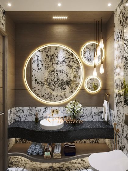 A stunning powder room concept with dramatic patterned marble, a floating black granite sink, and a cluster of backlit circular mirrors that act as a sculptural light fixture.