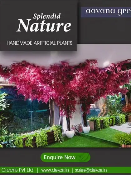 Splendid nature, handmade. This installation showcases how our large red flowering trees can be grouped together with other greenery to create a rich, immersive, and maintenance-free indoor garden.
