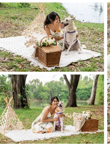 A collage from a Mother's Day picnic session. A woman and her white Indie dog enjoy a beautiful day by the lake, complete with a teepee and picnic basket.