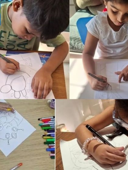 A collection of images showing children deeply involved in the drawing process. This is the quiet, productive calm that our classes foster.