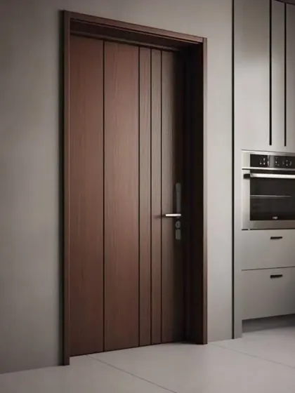 A dark wood door with vertical grooves, adding texture and a modern touch to the kitchen entrance.