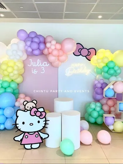 A classic Hello Kitty theme for a third birthday, featuring a character cutout, custom backdrops, and a pastel rainbow balloon arrangement. The setup is completed with a balloon-filled marquee number '3'.