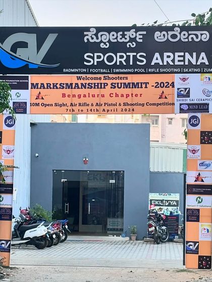 The official entrance to the GV Sports Arena, decorated for the Marksmanship Summit. We ensure a welcoming and professional atmosphere from the moment our competitors arrive.