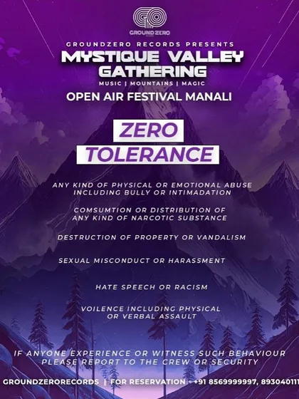 Our Zero Tolerance policy flyer for the Mystique Valley Gathering. We are committed to creating a safe and respectful environment at all our events.