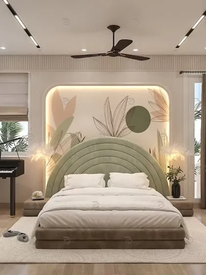 Designing for the younger members of the family is always a joy. This child's room concept uses a pastel green and ivory color theme, a custom arched headboard, and a tropical wallpaper to create a bright, vibrant, and playful environment.