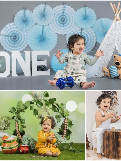 A collage showing a one-year-old enjoying his birthday setup, a Krishna-themed portrait, and a simple lifestyle shot.