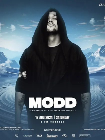 A poster for MODD's performance at High Ultra Lounge. The dramatic, hooded artist photo and icy backdrop create a cool, mysterious vibe that aligns with the deep house and melodic techno genres.