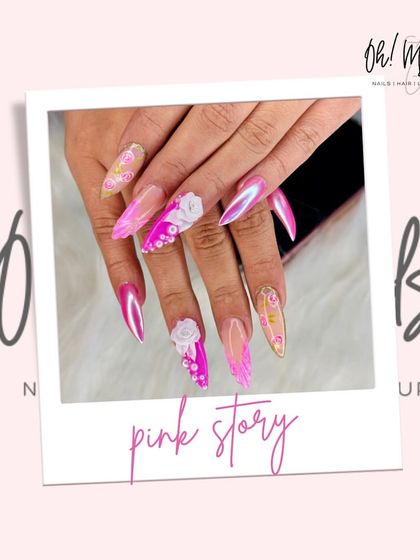 A dreamy and delicate pink story. This set features a mix of pink chrome, intricate patterns, and stunning 3D white roses for a truly artistic and feminine look.