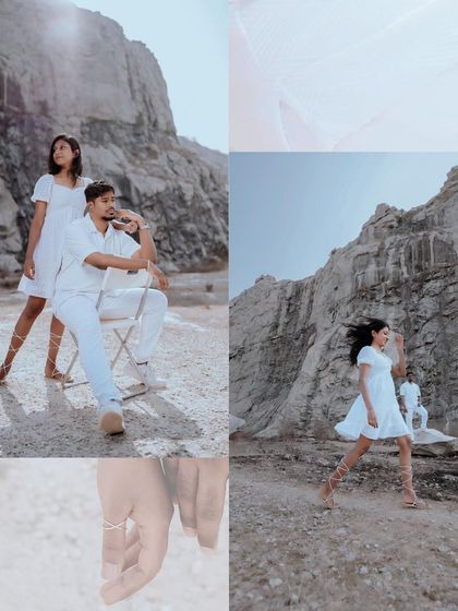 A collage capturing the movement and emotion of a pre-wedding shoot near a quarry, highlighting the couple's connection and the dramatic scenery.